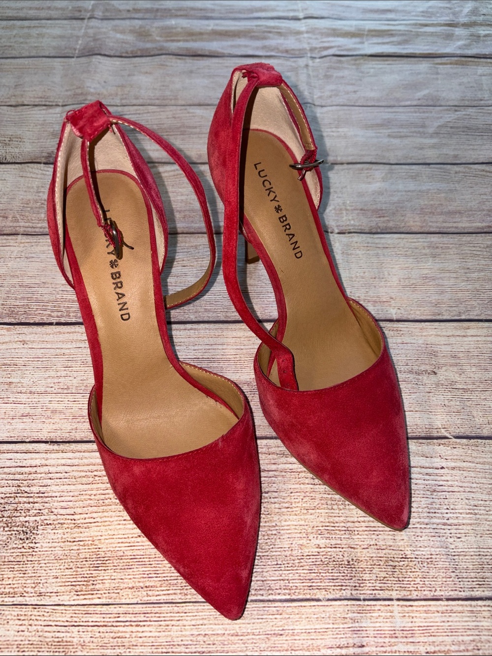 Lucky Brand Red Suede Pointed Toe Ankle-Strap Heels 7.5M